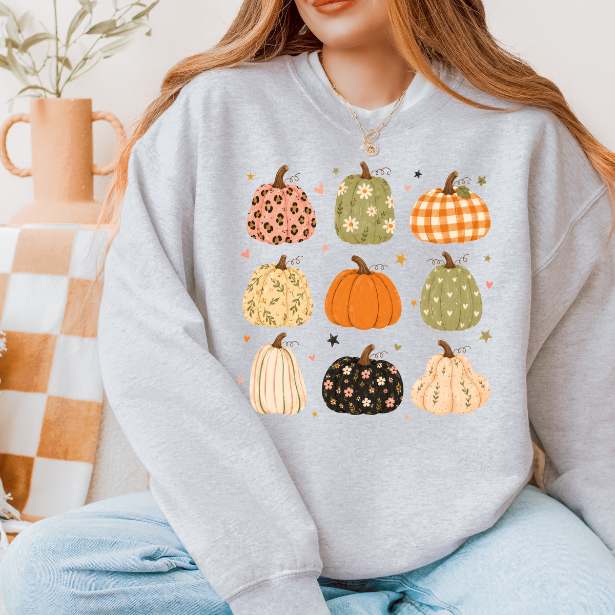 Fall Pumpkin Crewneck Sweatshirt | Cute Patterned Pumpkins | Cozy Autumn Sweatshirt | Womenâs Fall Graphic Crewneck
