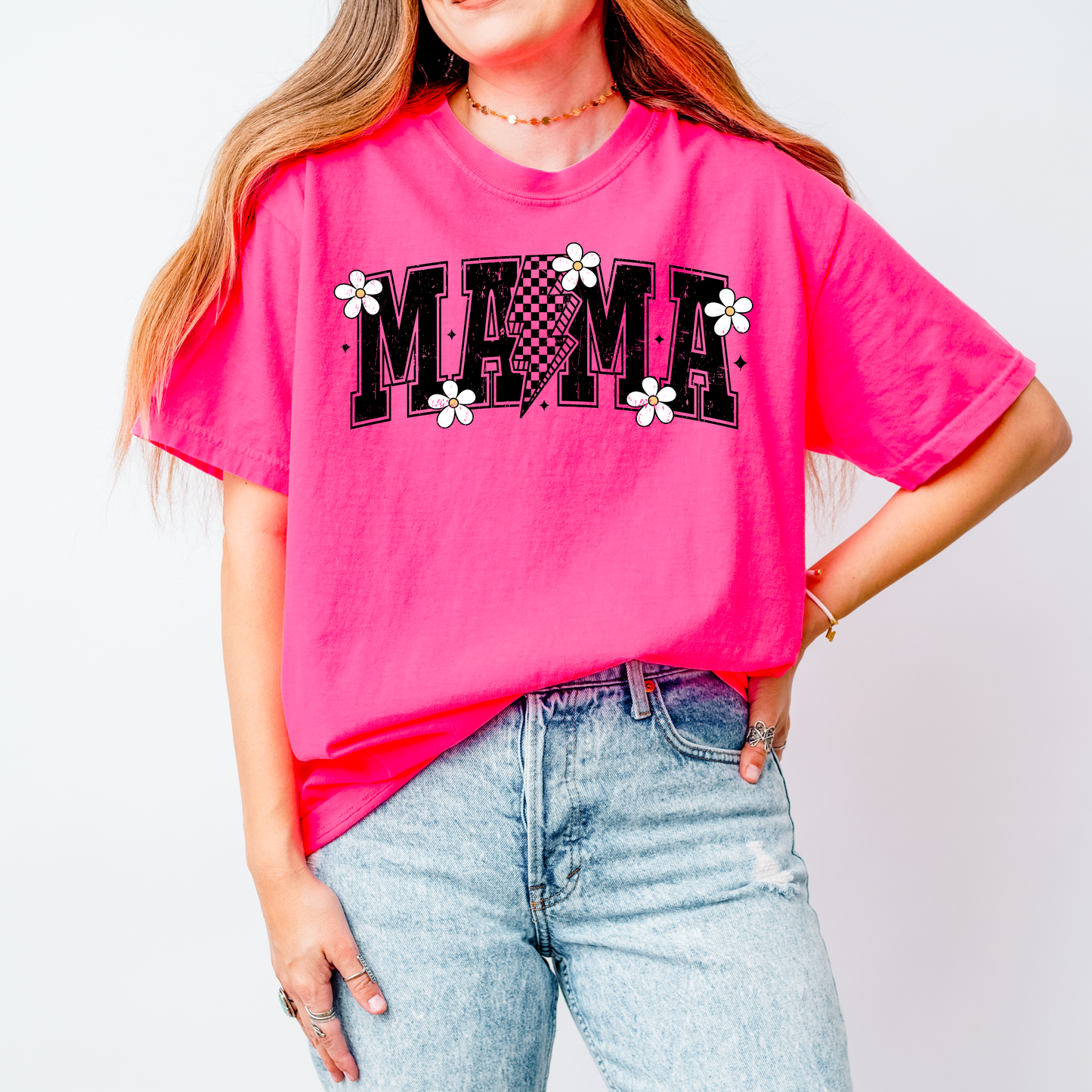 Mama Checkered Daisy Graphic Tee | Retro Mama Shirt | Trendy Mom Tee |