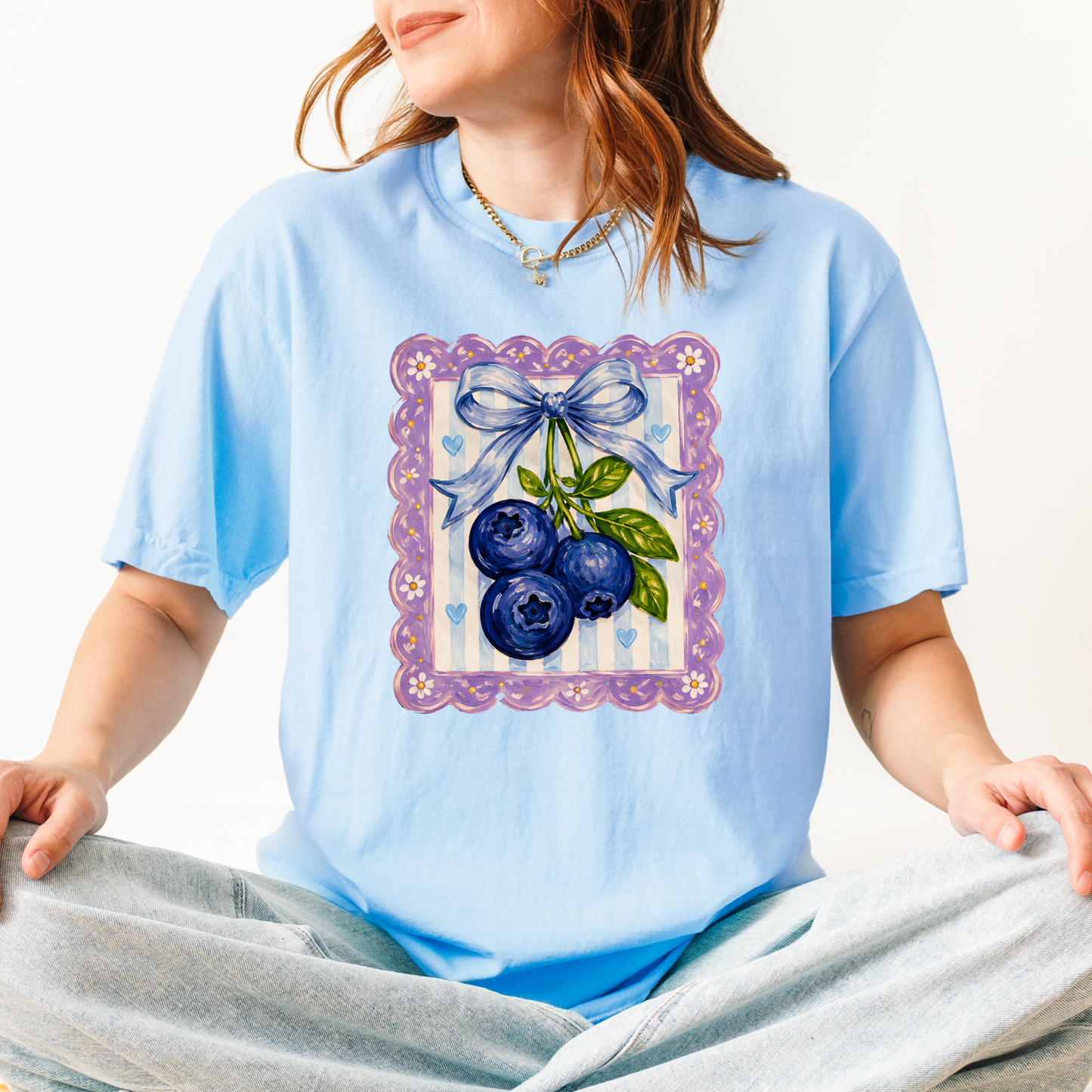 Blueberry Bow Graphic Tee | Cute Coquette Fruit Shirt | Summer Blue T-Shirt