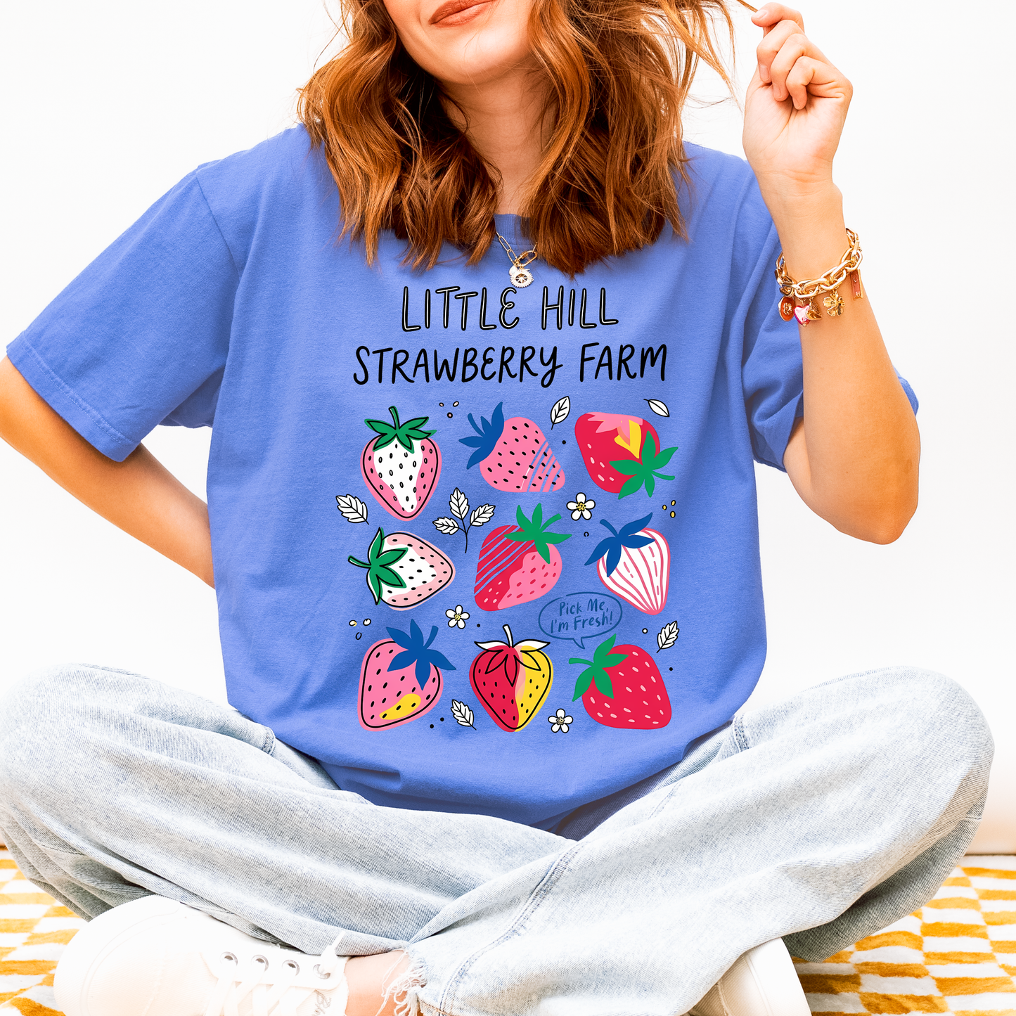 Little Hill Strawberry Farm Graphic Tee | Colorful Strawberry Shirt