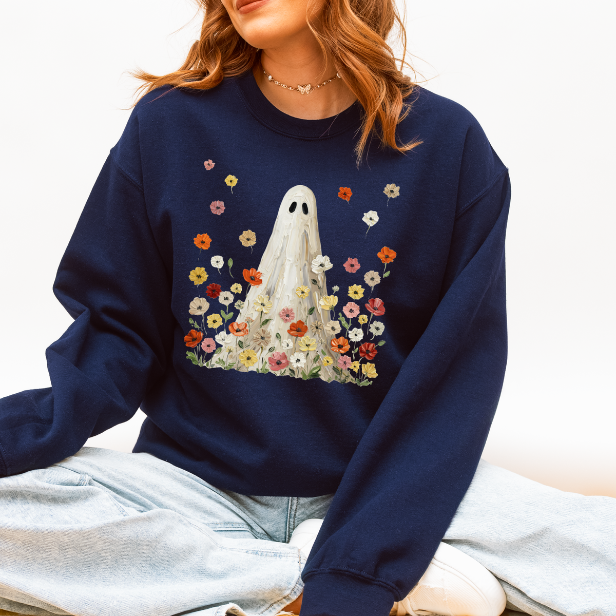 Ghost in the Wildflowers Crewneck Sweatshirt | Cozy Fall Halloween Floral Ghost Pullover