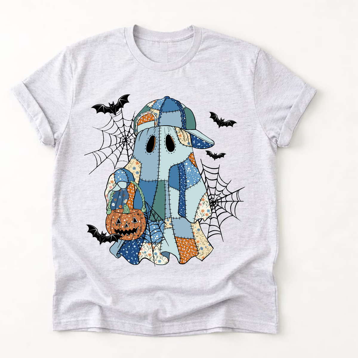 Patchwork Ghost Halloween Kids Tee | Boy & Girl Halloween Shirt | Vintage Quilted Ghost Graphic Tee | Spooky Season Kids Shirt