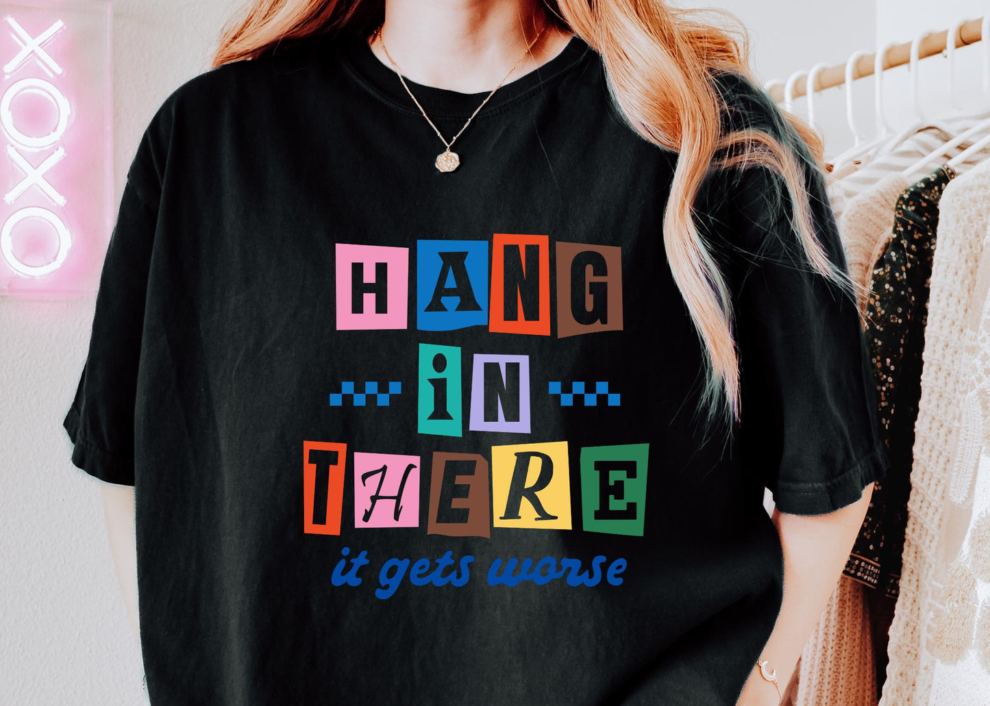 Hang In There Shirt, Retro Color Block Encouragement Tee, Sarcastic Humor