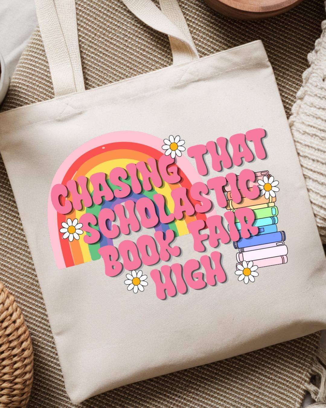 Chasing That Scholastic Book Fair High Tote Bag, Retro Book Lover Gift, Teacher Tote, Cute Library Bag, Bookish Canvas Tote
