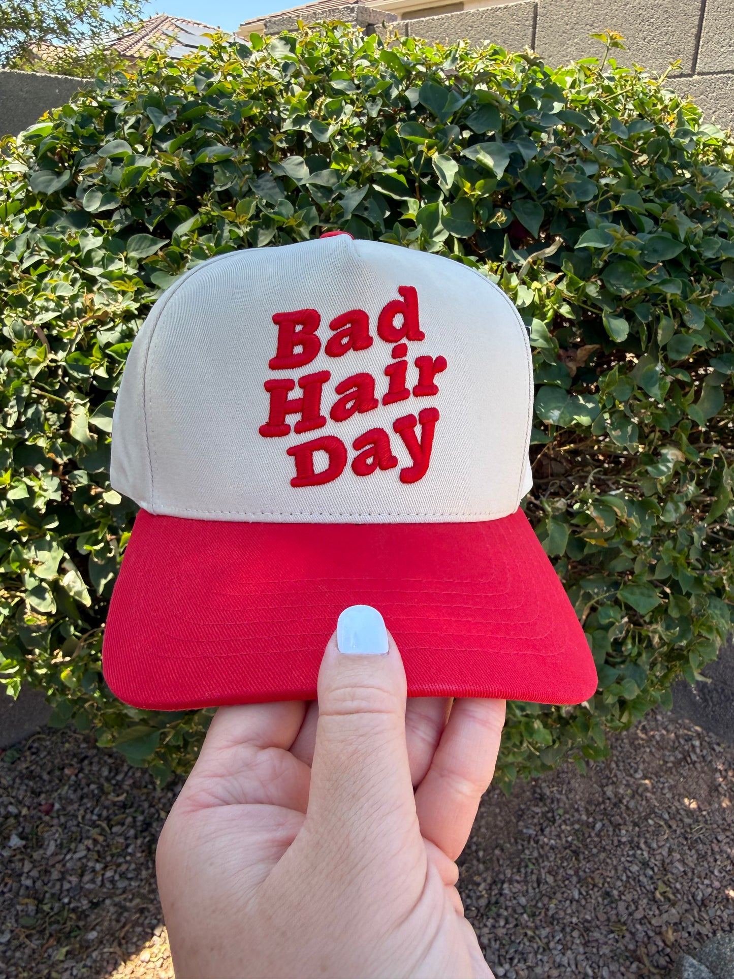 Bad Hair Day Retro Embroidered Trucker Hat | Red & Cream Vintage Baseball Cap | Cute Everyday Women’s Hat