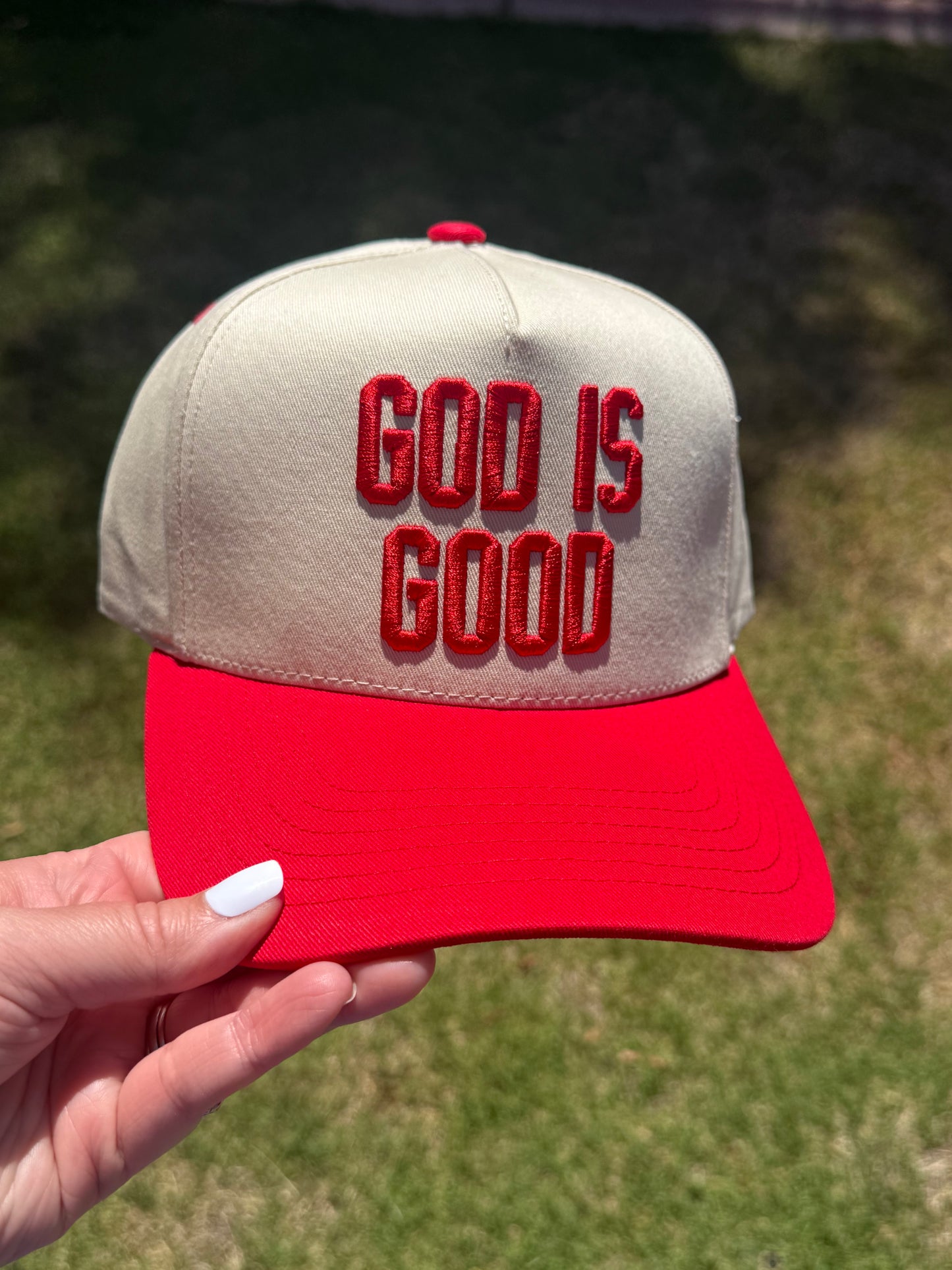 God Is Good Embroidered Trucker Hat | Faith-Based Snapback Hat | Christian Baseball Cap | Neutral & Sage Green Hat