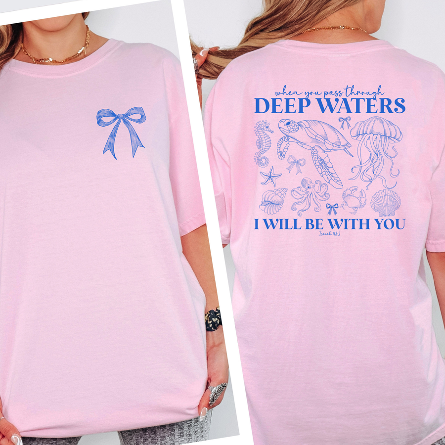 Deep Waters Christian Graphic Tee | Isaiah 43:2 Shirt | Coastal Faith Tee | Sea Turtle Bow Shirt | Christian Summer Tee