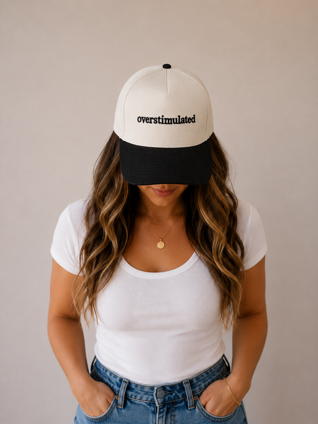 Overstimulated Embroidered Trucker Hat | Funny Mom Hat | Black & Cream Snapback Cap | Introvert & Busy Mom Gift