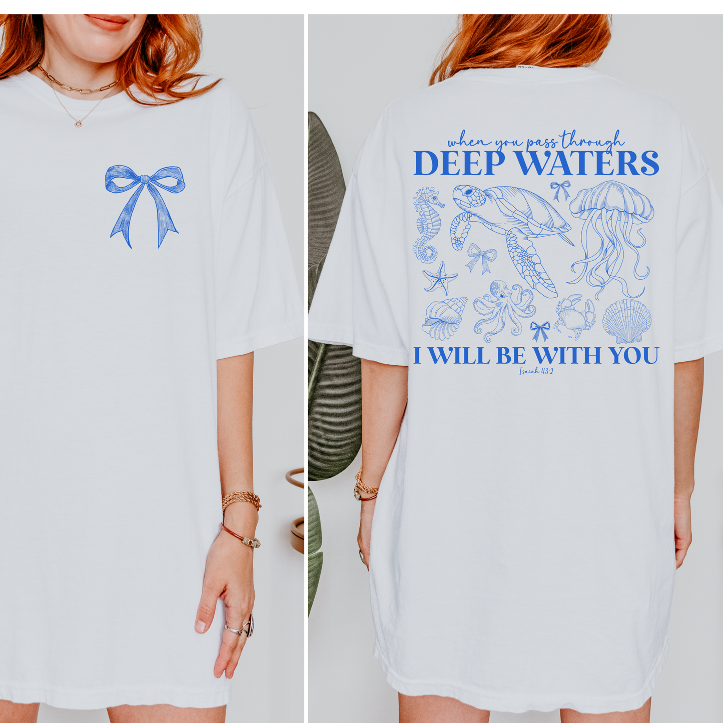 Deep Waters Christian Graphic Tee | Isaiah 43:2 Shirt | Coastal Faith Tee | Sea Turtle Bow Shirt | Christian Summer Tee