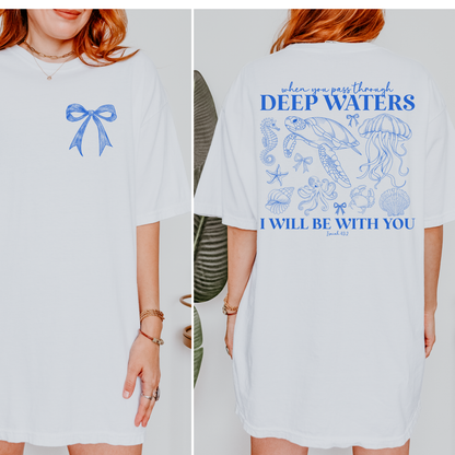 Deep Waters Christian Graphic Tee | Isaiah 43:2 Shirt | Coastal Faith Tee | Sea Turtle Bow Shirt | Christian Summer Tee