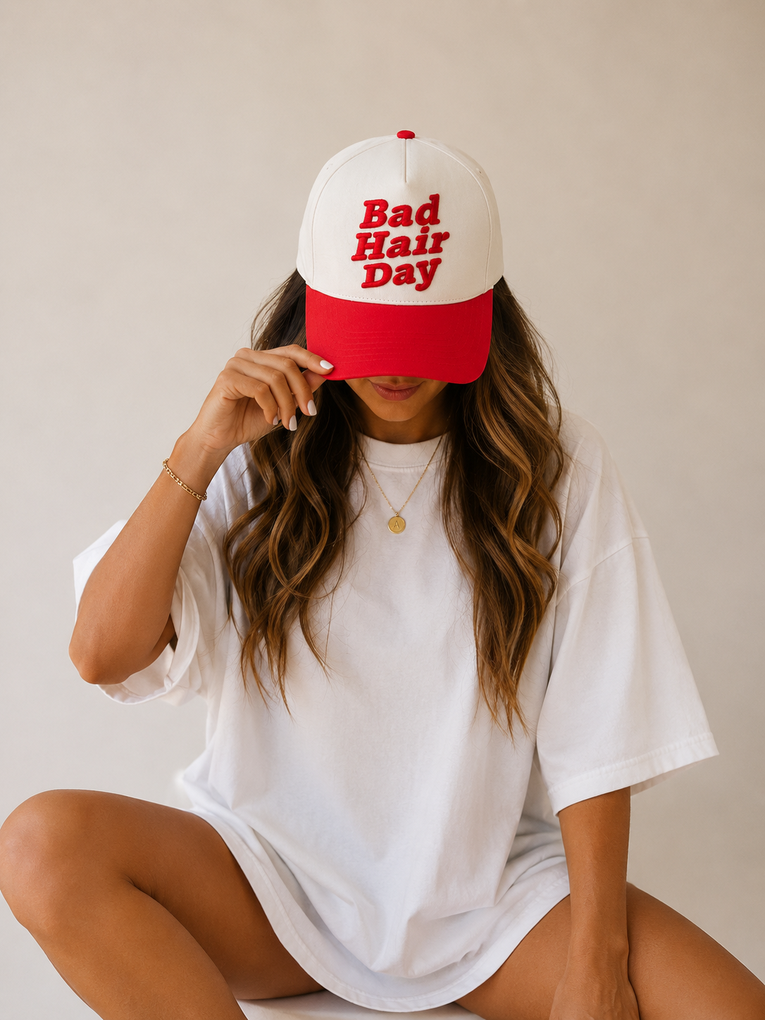 Bad Hair Day Retro Embroidered Trucker Hat | Red & Cream Vintage Baseball Cap | Cute Everyday Women’s Hat