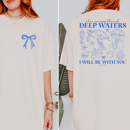 Deep Waters Christian Graphic Tee | Isaiah 43:2 Shirt | Coastal Faith Tee | Sea Turtle Bow Shirt | Christian Summer Tee