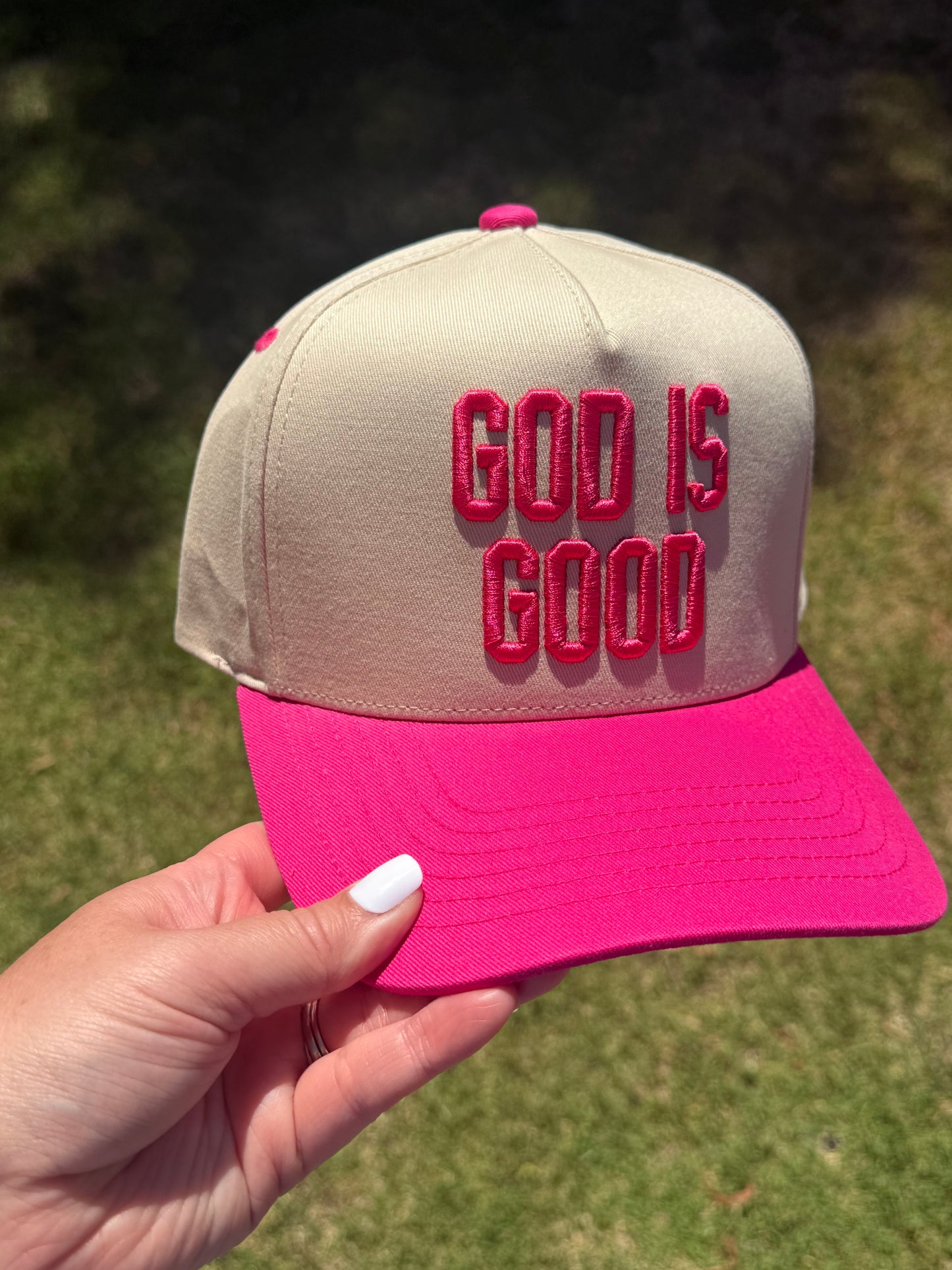 God Is Good Embroidered Trucker Hat | Faith-Based Snapback Hat | Christian Baseball Cap | Neutral & Sage Green Hat