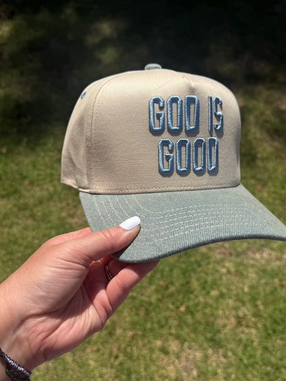 God Is Good Embroidered Trucker Hat | Faith-Based Snapback Hat | Christian Baseball Cap | Neutral & Sage Green Hat