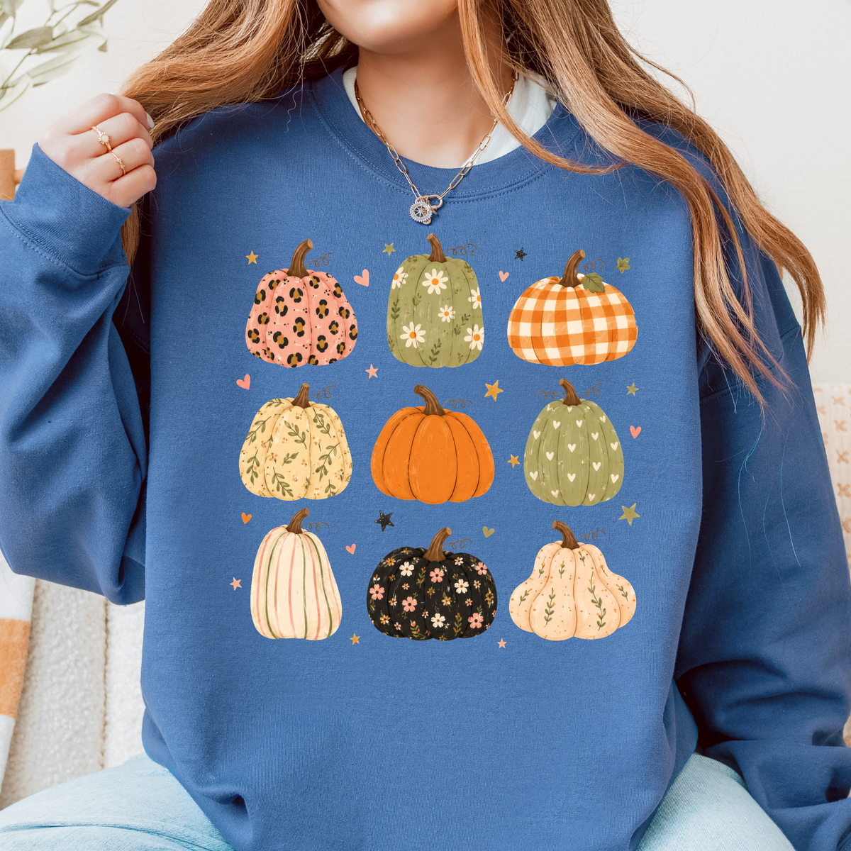 Fall Pumpkin Crewneck Sweatshirt | Cute Patterned Pumpkins | Cozy Autumn Sweatshirt | Women’s Fall Graphic Crewneck