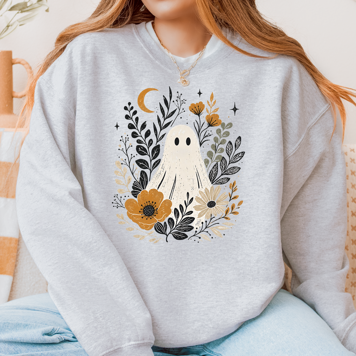 Vintage Floral Ghost Crewneck | Cozy Fall Halloween Sweatshirt | Boho Spooky Season Pullover | Unisex Halloween Crewneck