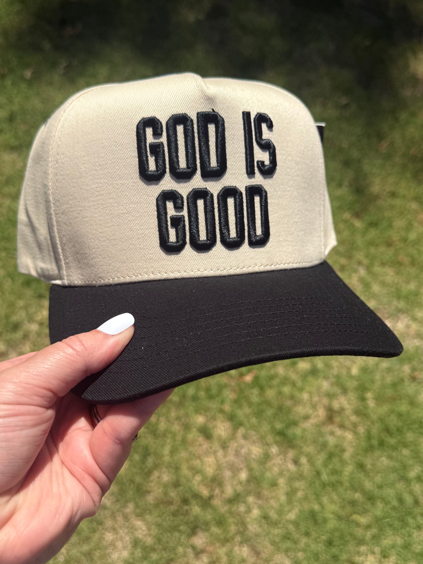 God Is Good Embroidered Trucker Hat | Faith-Based Snapback Hat | Christian Baseball Cap | Neutral & Sage Green Hat