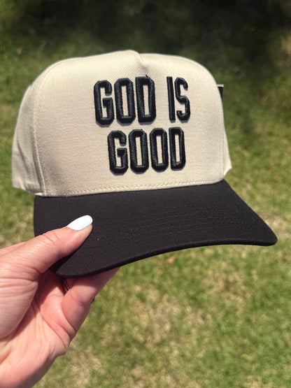 God Is Good Embroidered Trucker Hat | Faith-Based Snapback Hat | Christian Baseball Cap | Neutral & Sage Green Hat