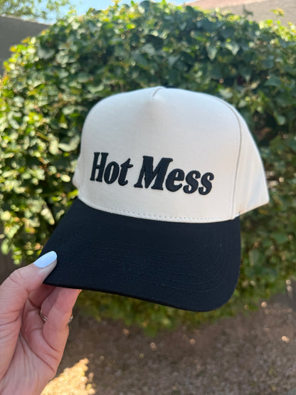 Hot Mess Embroidered Trucker Hat | Funny Mom Hat | Black & Cream Snapback Cap | Trendy Women’s Baseball Hat