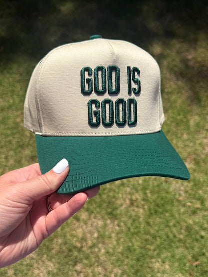 God Is Good Embroidered Trucker Hat | Faith-Based Snapback Hat | Christian Baseball Cap | Neutral & Sage Green Hat