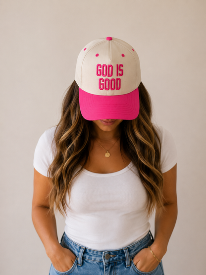 God Is Good Embroidered Trucker Hat | Faith-Based Snapback Hat | Christian Baseball Cap | Neutral & Sage Green Hat