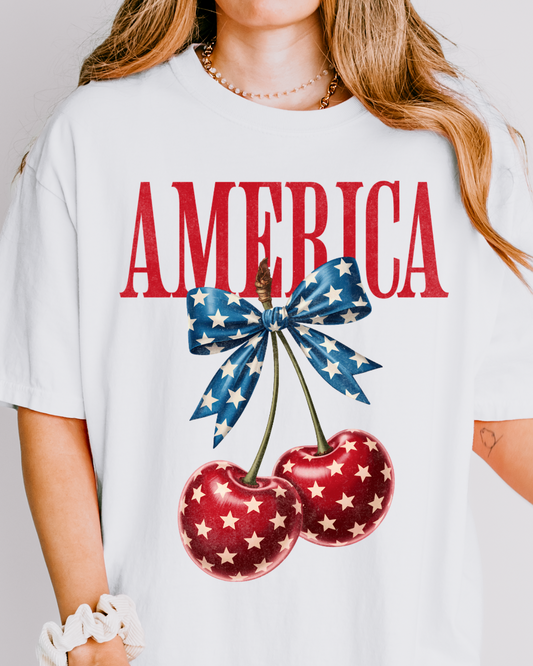 America Cherry Bow Graphic Tee – Patriotic Coquette Shirt