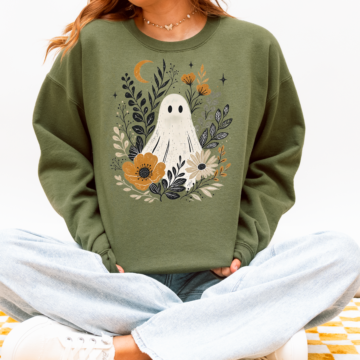 Vintage Floral Ghost Crewneck | Cozy Fall Halloween Sweatshirt | Boho Spooky Season Pullover | Unisex Halloween Crewneck