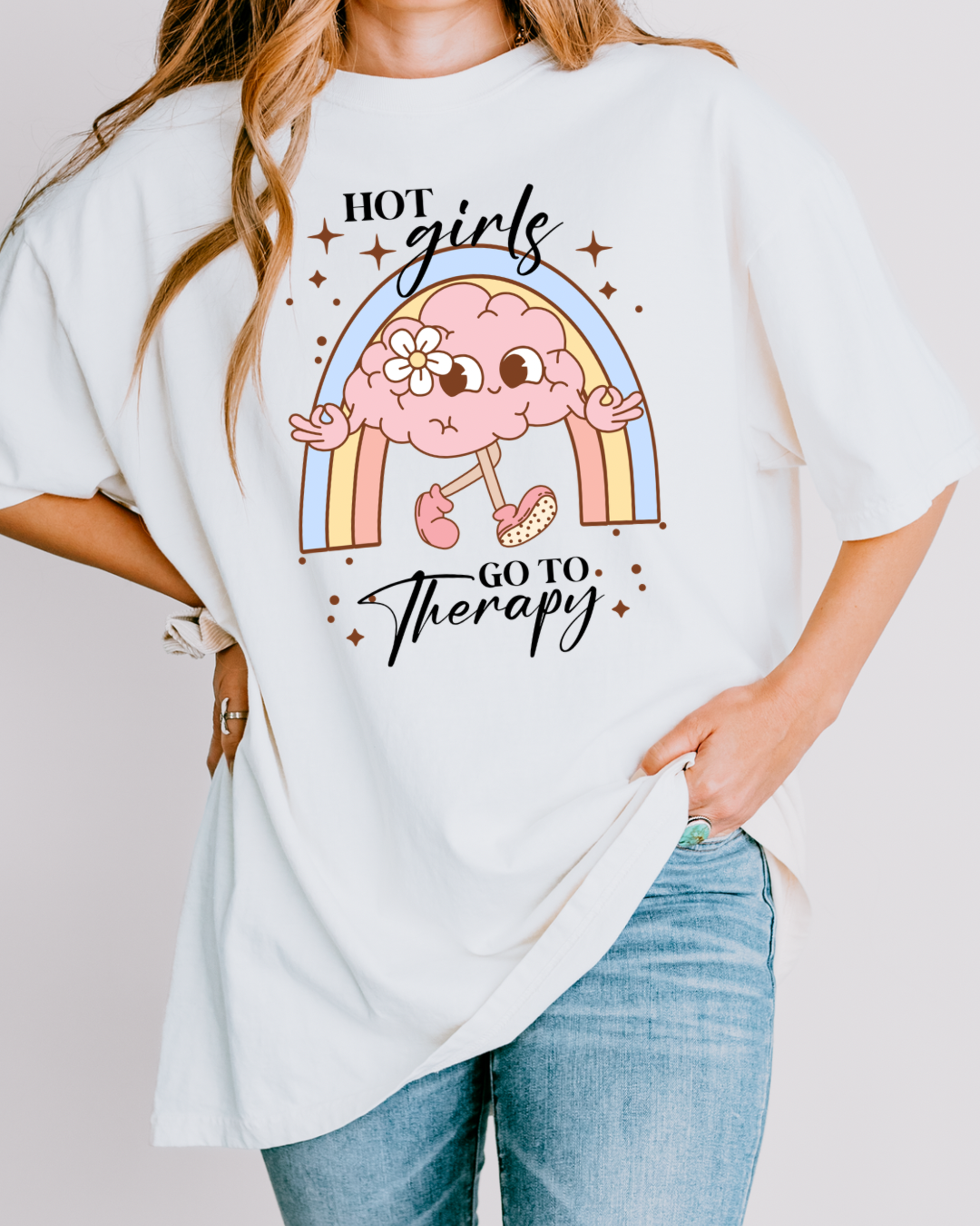 Hot Girls Go To Therapy Shirt, Mental Health Awareness Tee, Cute Brain Graphic Tee, Funny Therapy Shirt for Women