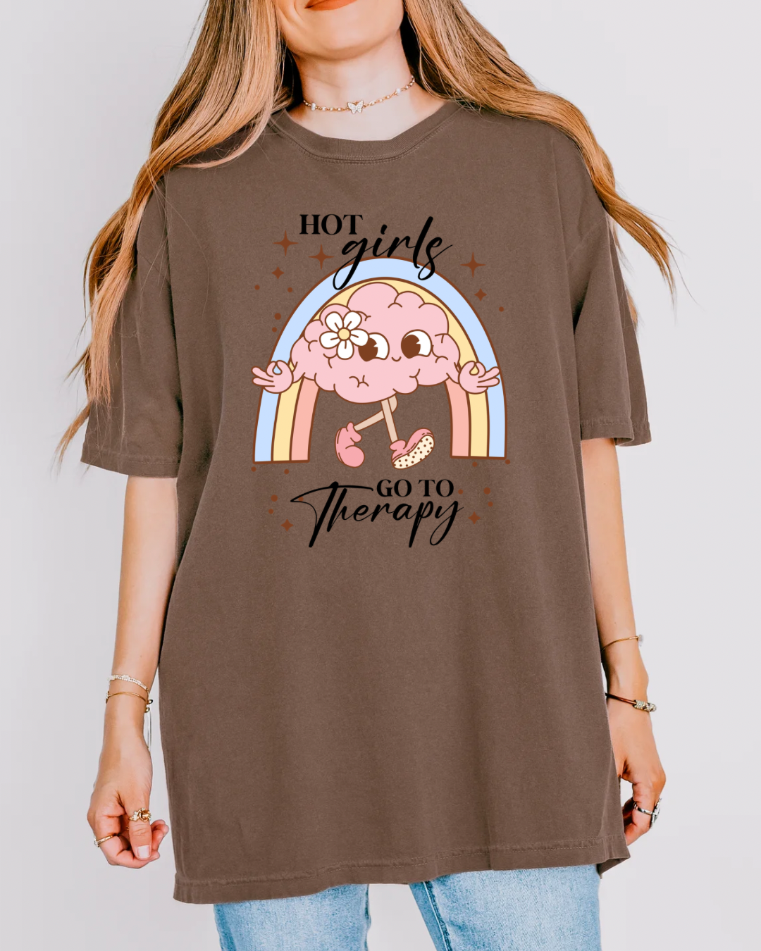 Hot Girls Go To Therapy Shirt, Mental Health Awareness Tee, Cute Brain Graphic Tee, Funny Therapy Shirt for Women