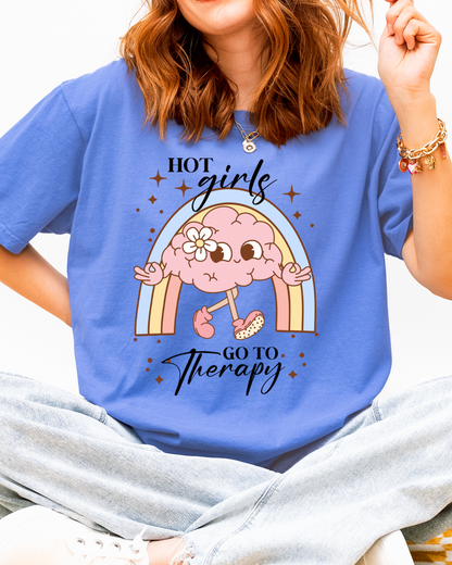 Hot Girls Go To Therapy Shirt, Mental Health Awareness Tee, Cute Brain Graphic Tee, Funny Therapy Shirt for Women