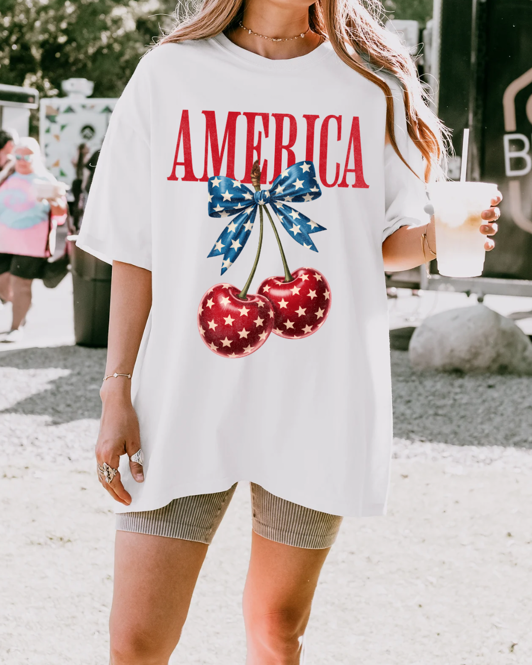 America Cherry Bow Graphic Tee – Patriotic Coquette Shirt