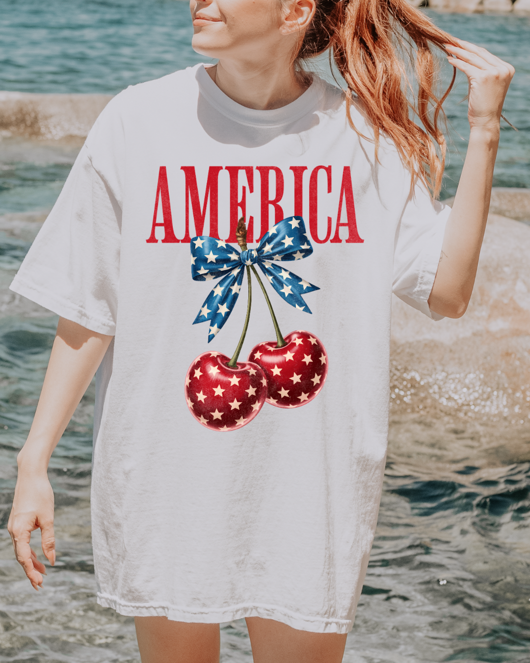 America Cherry Bow Graphic Tee – Patriotic Coquette Shirt