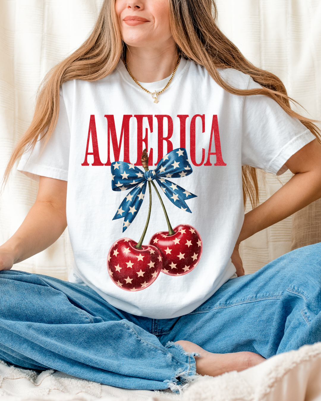 America Cherry Bow Graphic Tee – Patriotic Coquette Shirt