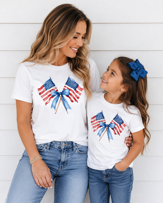 Patriotic Mama & Me Matching Tee – American Flag Bow Shirt | Fourth of July Family Outfit | USA Bow Shirt for Women & Girls