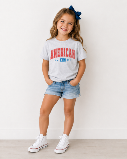 American Kid Patriotic Tee | Kids 4th of July Shirt | Retro USA Graphic Tee | Red White & Blue Summer Shirt