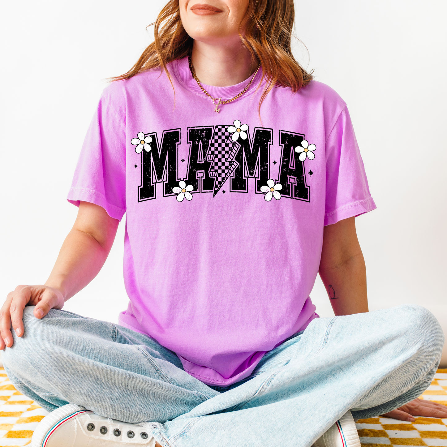 Mama Checkered Daisy Graphic Tee | Retro Mama Shirt | Trendy Mom Tee |