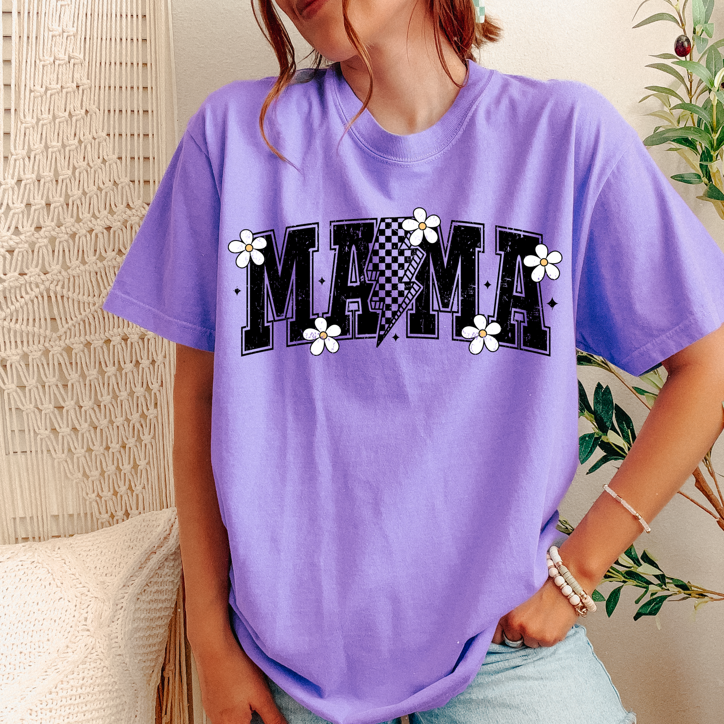 Mama Checkered Daisy Graphic Tee | Retro Mama Shirt | Trendy Mom Tee |