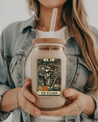The Reader Glass Tumbler | Bookish Tarot Skeleton Iced Coffee Cup | Gothic Book Lover Glass Tumbler | Bamboo Lid & Glass Straw | Reader Gift