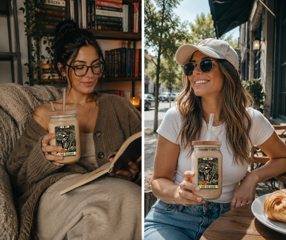 The Reader Glass Tumbler | Bookish Tarot Skeleton Iced Coffee Cup | Gothic Book Lover Glass Tumbler | Bamboo Lid & Glass Straw | Reader Gift