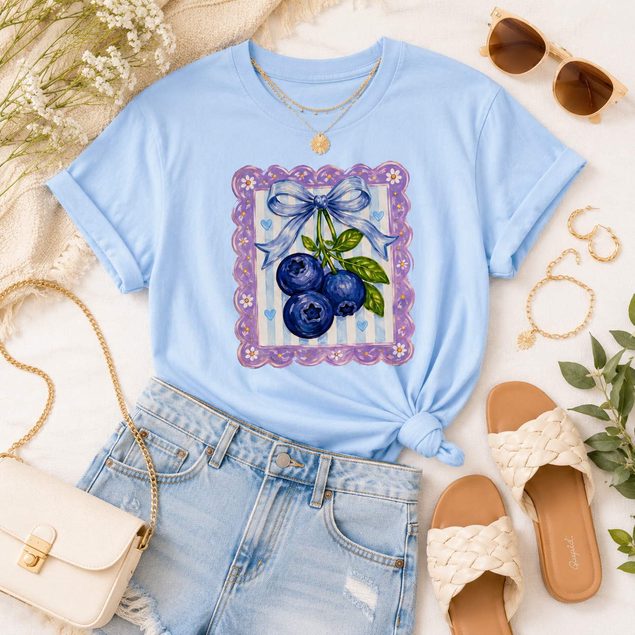 Blueberry Bow Graphic Tee | Cute Coquette Fruit Shirt | Summer Blue T-Shirt