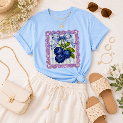 Blueberry Bow Graphic Tee | Cute Coquette Fruit Shirt | Summer Blue T-Shirt