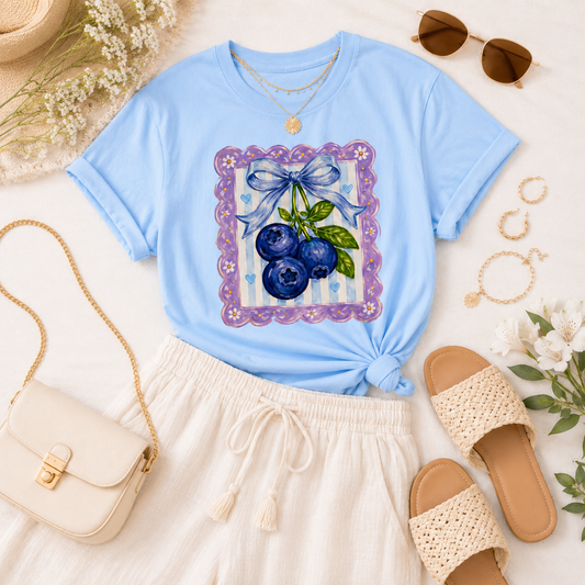 Blueberry Bow Graphic Tee | Cute Coquette Fruit Shirt | Summer Blue T-Shirt