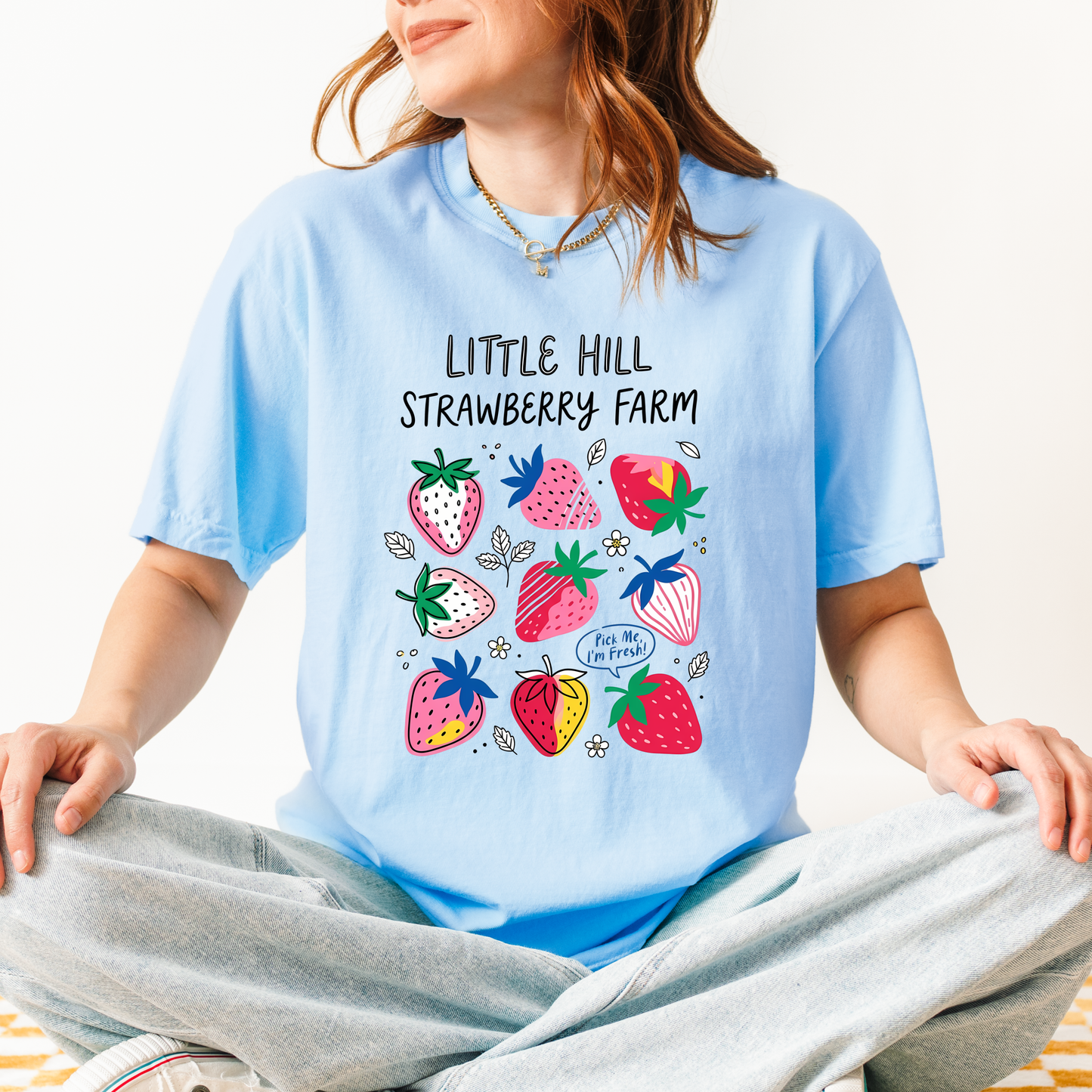 Little Hill Strawberry Farm Graphic Tee | Colorful Strawberry Shirt
