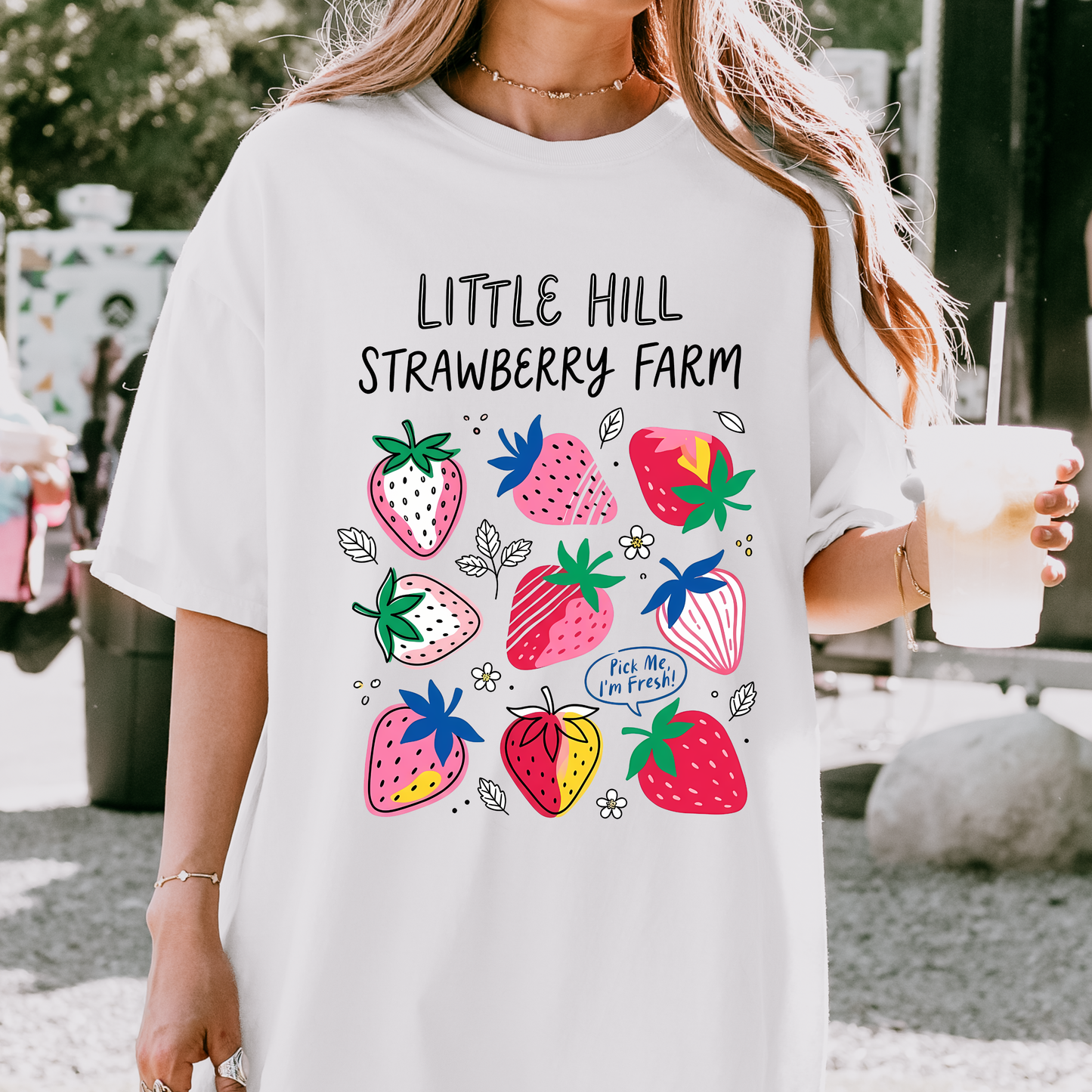 Little Hill Strawberry Farm Graphic Tee | Colorful Strawberry Shirt