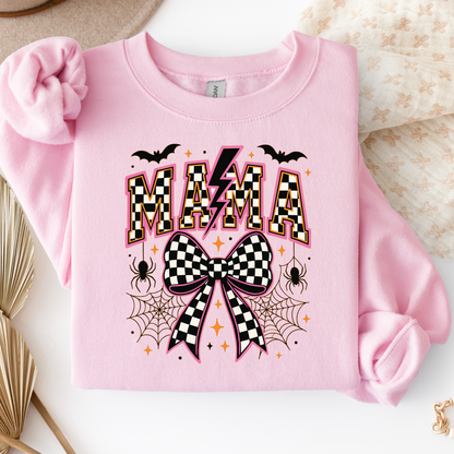 Mama Halloween Bow Shirt & Crewneck | Checkered Bow Halloween | Spooky Mama | Pink Halloween Graphic | Cute Fall Graphic | Unisex Tee & Crewneck
