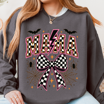 Mama Halloween Bow Shirt & Crewneck | Checkered Bow Halloween | Spooky Mama | Pink Halloween Graphic | Cute Fall Graphic | Unisex Tee & Crewneck