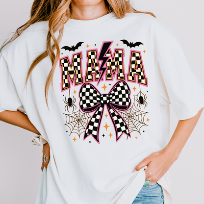 Mama Halloween Bow Shirt & Crewneck | Checkered Bow Halloween | Spooky Mama | Pink Halloween Graphic | Cute Fall Graphic | Unisex Tee & Crewneck