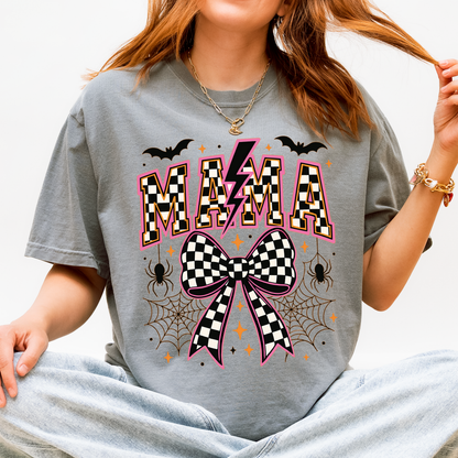 Mama Halloween Bow Shirt & Crewneck | Checkered Bow Halloween | Spooky Mama | Pink Halloween Graphic | Cute Fall Graphic | Unisex Tee & Crewneck