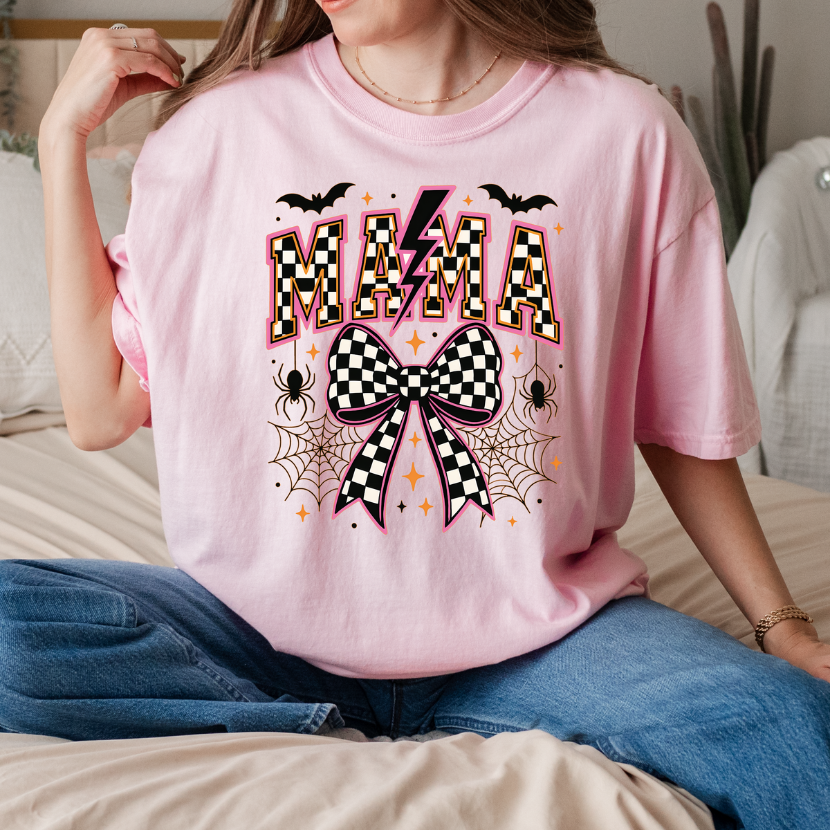 Mama Halloween Bow Shirt & Crewneck | Checkered Bow Halloween | Spooky Mama | Pink Halloween Graphic | Cute Fall Graphic | Unisex Tee & Crewneck