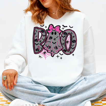 Boo Pink Bow Halloween Crewneck | Girly Ghost Sweatshirt